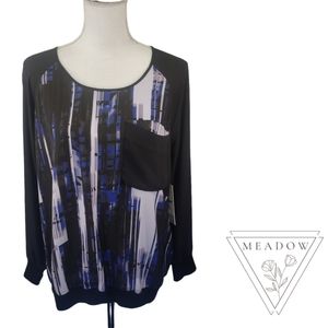 Calvin Klein Jeans Women's Blouse Large Long Sleeve Top Black Blue Office NEW